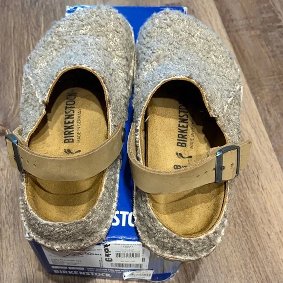 Birkenstock Gray Taupe Wool Clogs with Tan Strap - Picture 3 of 6